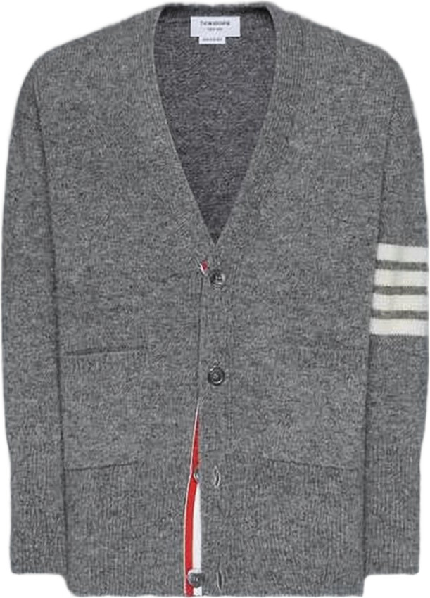 Thom Browne Grey Wool Cardigan with Unique Striped Detail