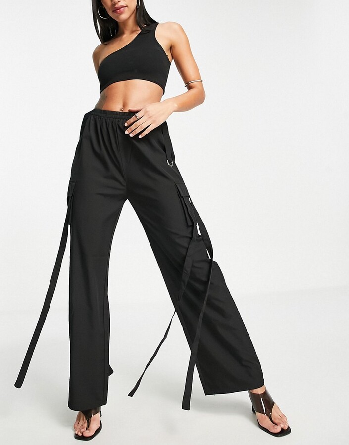 I Saw It First Tie Waist Ribbed Cargo joggers in Black Womens Clothing Trousers Slacks and Chinos Cargo trousers 