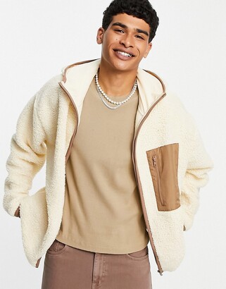 ASOS DESIGN teddy fleece oversized jacket with pocket in beige - ShopStyle