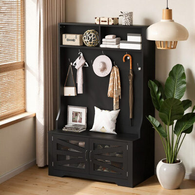 Compact 3-in-1 Hall Tree with Ventilated Shoe Cabinet – 43.3" Entryway Organizer with 7 Hooks & Adjustable Shelves