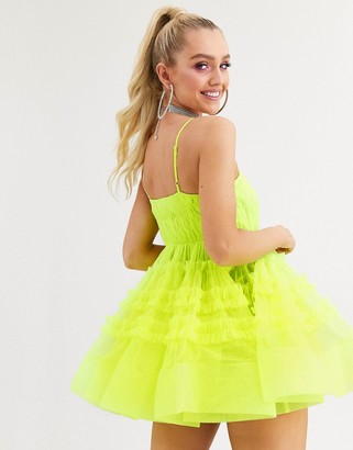 Lace & Beads structured tulle mini dress with built in bodysuit in neon lime