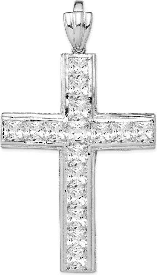 Diamond2Deal Sterling Silver Rhodium-plated Cubic Zirconia Cross Pendant