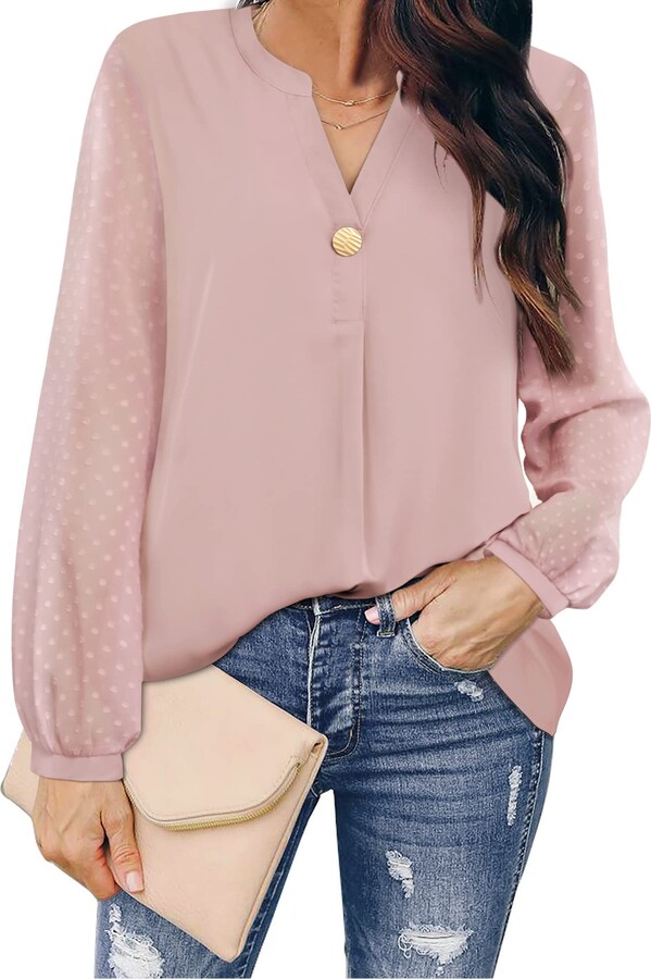 Itsmode Swiss Dot V Neck Blouses for Women Long Sleeve Casual Loose Chiffon Fall Tops 