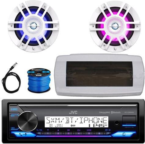JVC KD-X38MBS Single-DIN Marine Bluetooth USB/AUX LED AM/FM SiriusXM Ready Stereo Receiver W/White Cover, 2x 6.5' 300W Max 2-Way Coaxial White Boat...