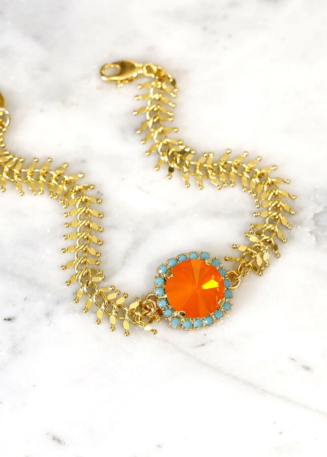 Etsy Orange Crystal Bracelet Burnt Gold Hot Gift For Her Mango Fishbone Christmas