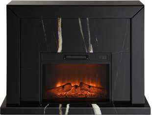 Black Fireplace With Mirrored Look - Synthetic Material, Elegant Marble Grain Ornament, Tempered Glass Allure, 47In Width, 12In Depth Finish Construct
