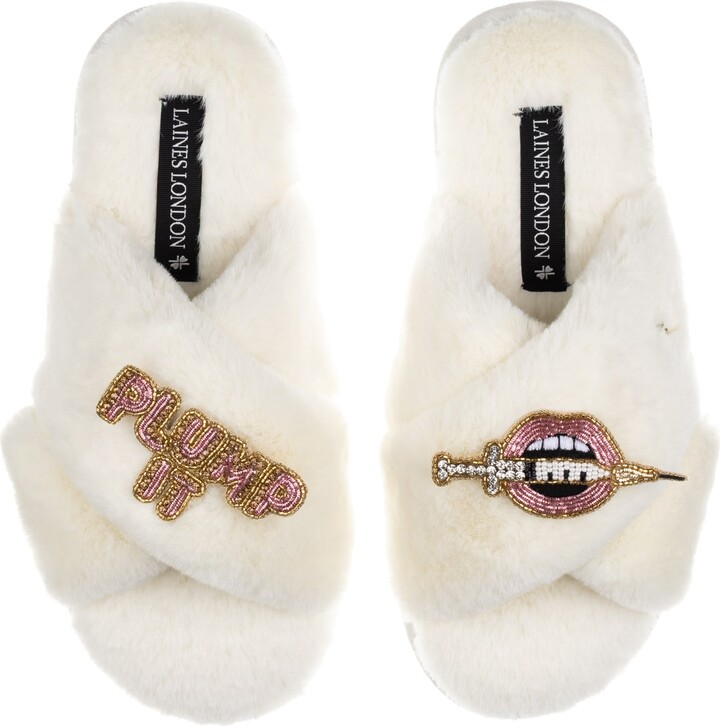 Laines London Neutrals / White Classic Laines Slippers With Plump It Pout Brooches - Cream