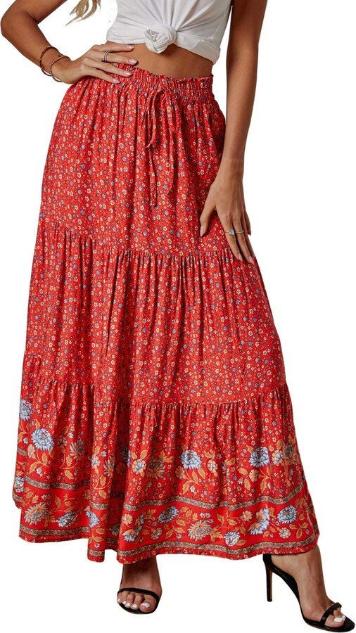 Reukree Womens Floral Print Maxi Skirt High Waist Summer Dresses