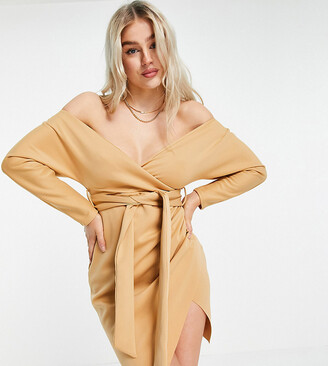 ASOS DESIGN Petite bardot wrap batwing sleeve midi dress with self tie belt in beige
