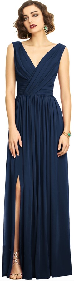 Dessy Collection Plus Size Sleeveless Draped Chiffon Maxi Dress with Front Slit