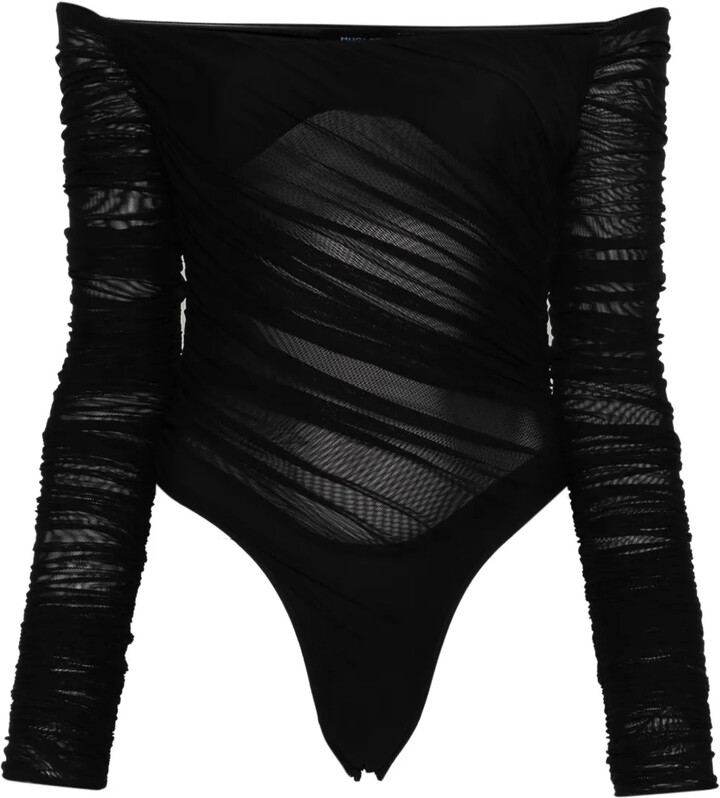 Thierry Mugler Off-Shoulder Mesh Bodysuit