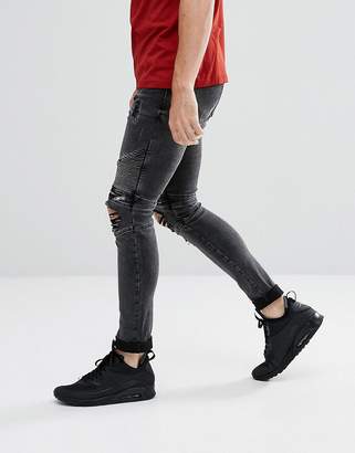 New Look Skinny Biker Jeans With Rips In Black Wash