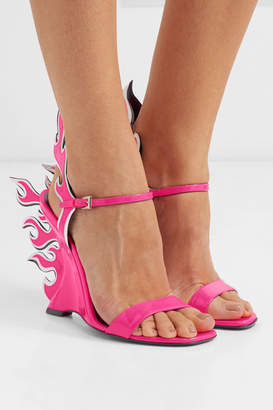 Prada Neon Patent-leather Wedge Sandals - Pink