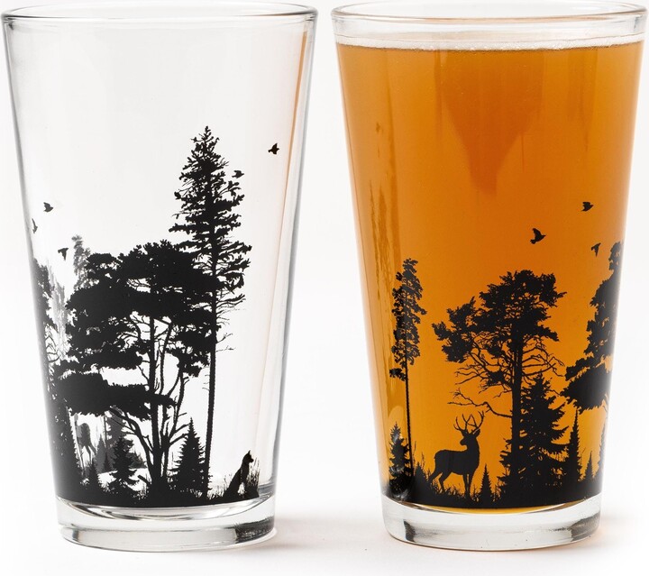 Forest Animal Pint Glasses - Nature Lover Gift For Men & Women, Hand Printed Wildlife Beer Glass Set Outdoor Drinkware 16Oz | 2Pc
