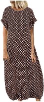 Thumbnail for your product : IIYUO Women Plus Size Dress Pockets O-Neck Polka Dot Printing Short Sleeve Maxi Dress Female Casual Long Dresses Brown