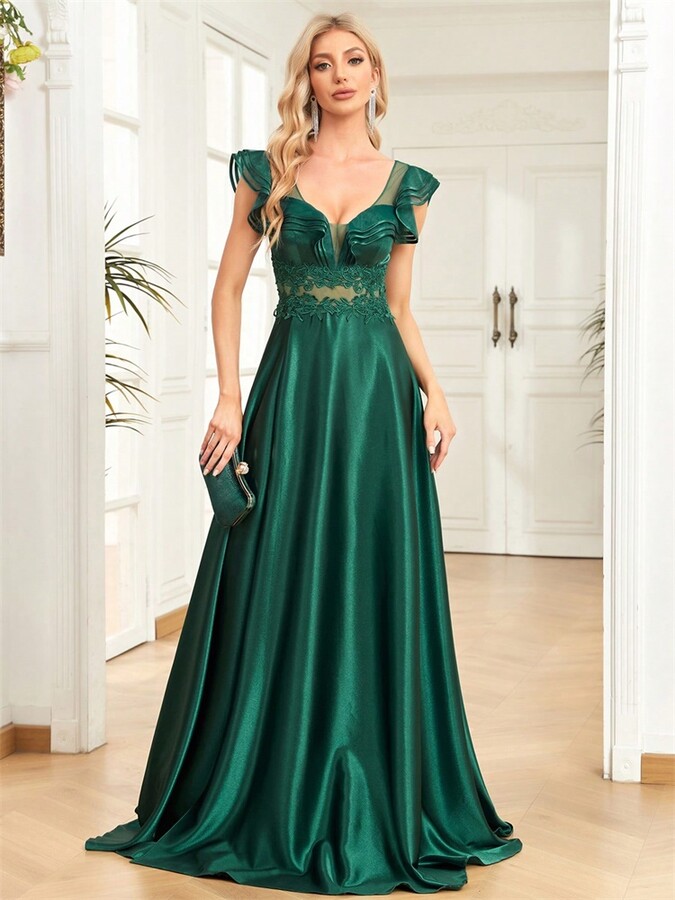 Lucy in love Luxury Dark Green Mermaid Satin Evening Dress 2025 Women Sleeveless V Neck Tulle Slit Long Prom Party Gown vestidos