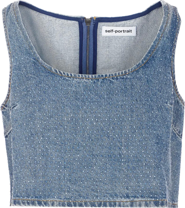 Self-Portrait Scoop-Neck Denim Crop Top