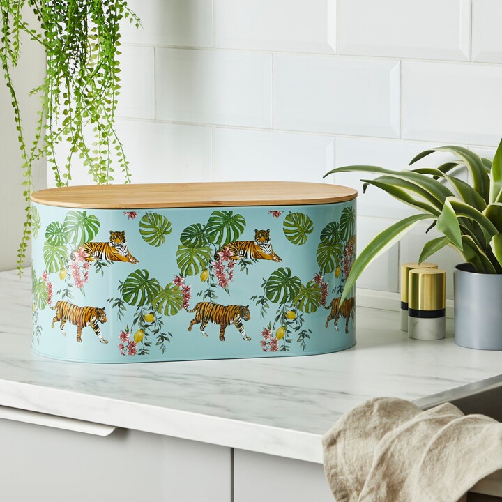 Dunelm Metal Bread Bin with Bamboo Lid Tropics Green and Yellow