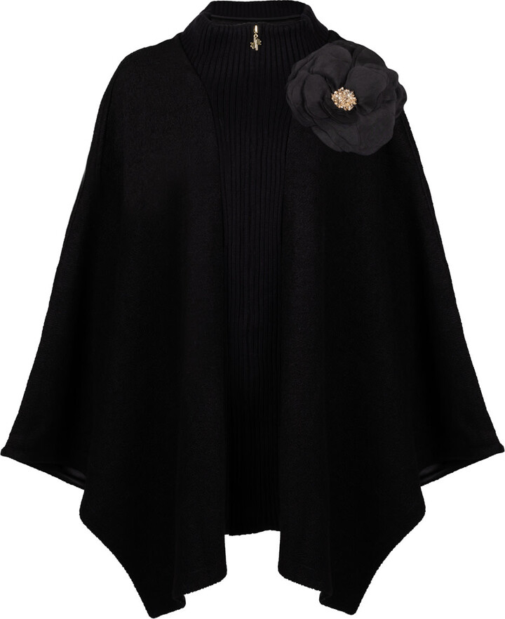 Laines London Black / Gold Laines Couture Wool Blend Zip Cape With Embellished Black Corsage - Black