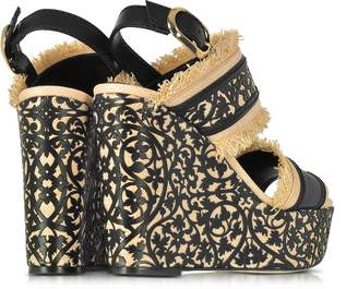 Oscar de la Renta Talitha Black & Beige Lasercut Leather and Raffia Wedge Sandals