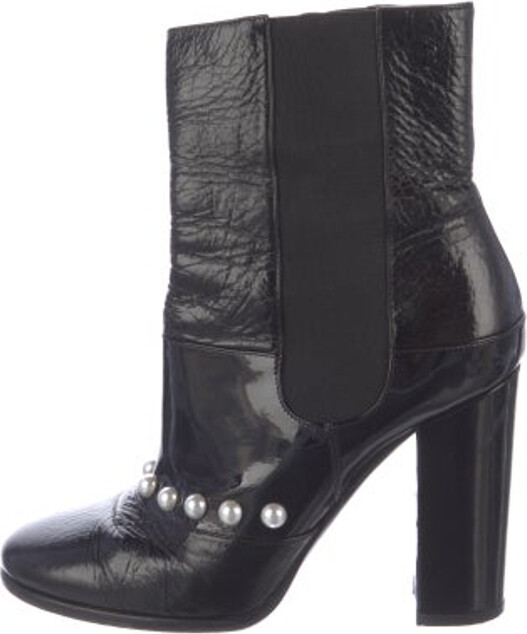 Chanel Patent Leather Ankle Chelsea Boots Black Interlocking CC Logo Round-Toes with Studded Accents