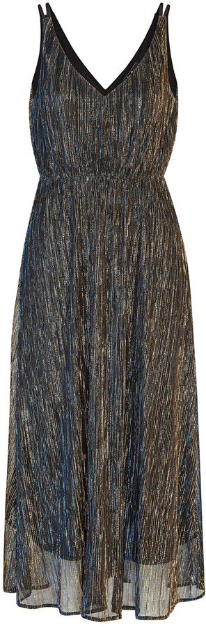 gold metallic plisse strappy knot front midi dress