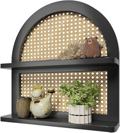 Bayou Breeze Handcrafted Boho Rattan Wall Shelf - 2-Tier Arched Floating Shelf, Rustic Farmhouse Decor, Natural Wicker And Pine Wood, Wall Mounted Display For Nurs