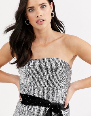 Fashion Union bandeau mini dress with velvet tie waist in allover silver sequin