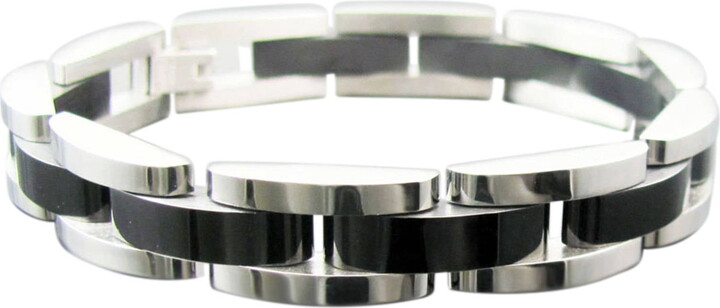 ARISTA Men's Polished Black/Steel Stainless Steel Semi-Circle Link Bracelet, 8.75"