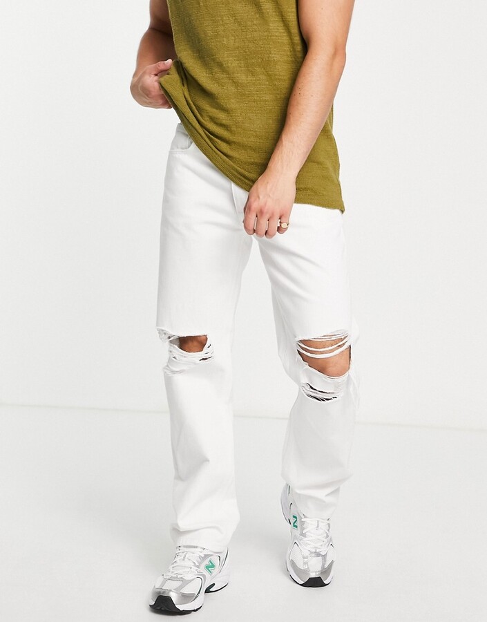 ASOS DESIGN wide straight leg jeans in white with knee rips - ShopStyle