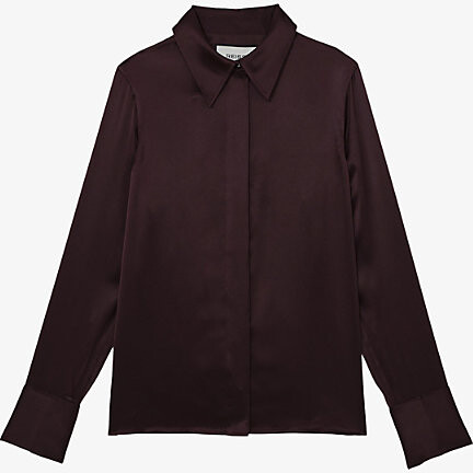 Reiss Womens Burgundy Ameira Concealed-Placket Long-Sleeve Silk Shirt 12