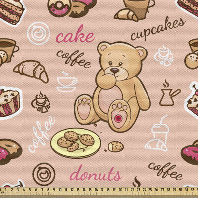 fab_29920_Ambesonne Dessert Fabric By The Yard, Teddy Bear Cupcakes Cookies Donuts Cakes Playroom Cartoon Print, Decorative Fabric For Upholstery And