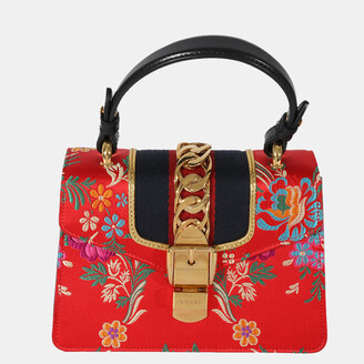 Gucci Red Satin and Jacquard Floral Embroidered Mini Sylvie Shoulder Bag