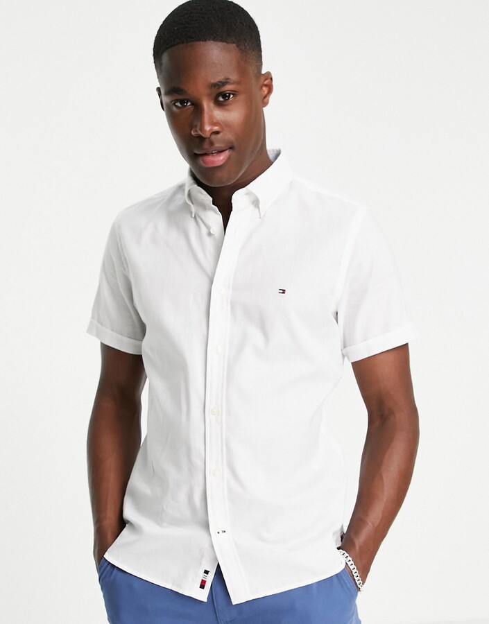 Tommy Hilfiger icon logo short sleeve slim fit travel oxford shirt in white  - ShopStyle