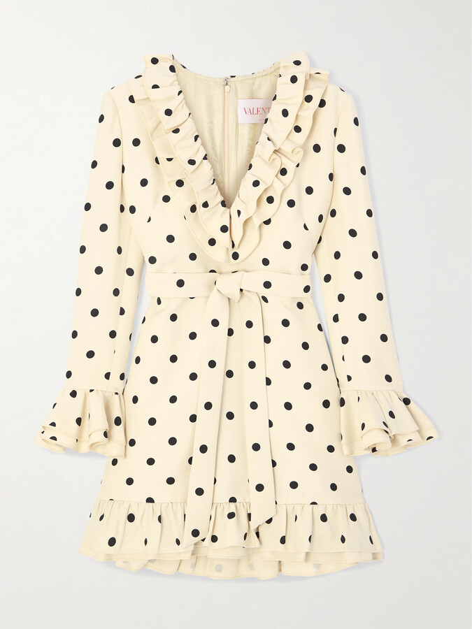 Valentino Garavani Belted Ruffled Polka-dot Wool And Silk-blend Mini Dress - Off-white