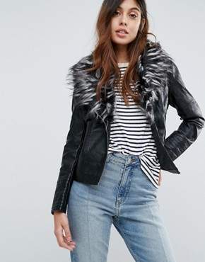 Brave Soul Betina Leather Look Jacket With Deep Faux Fur Collar