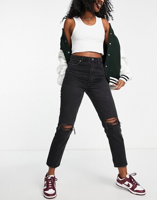 Bershka mom jeans with rips in black - ShopStyle