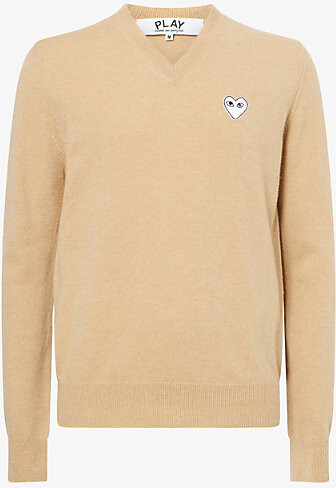 Comme des Garçons PLAY Mens Light Camel Heart-Embroidered Knitted Wool Jumper L