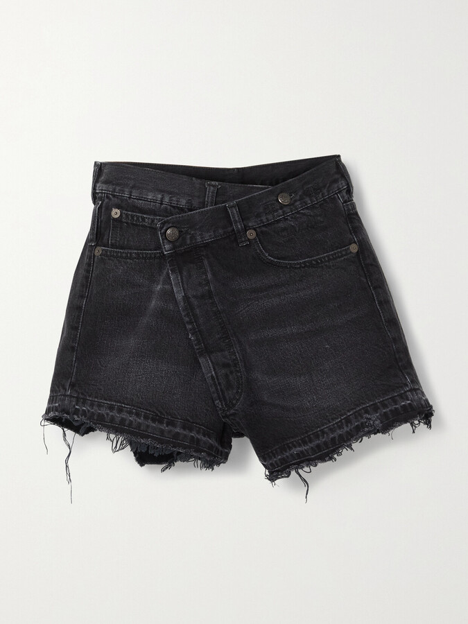 R 13 Crossover Asymmetric Distressed Denim Shorts - Black
