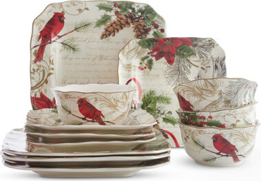 222 Fifth 12-Piece Holiday Wishes Red Porcelain Dinnerware Set - Service For 4, Plate & Bowl Set