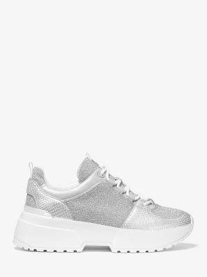 Michael Kors Cosmo Metallic Knit And Snake-Embossed Leather Trainer