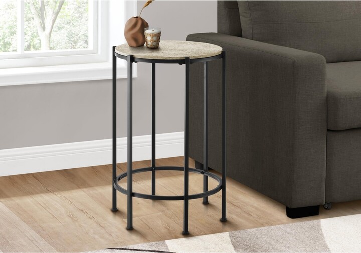 Lovmor Accent Table End Round Side Table Small Lamp Living Room Bedroom Nightstand Cream Stone Laminate Black Metal Contemporary