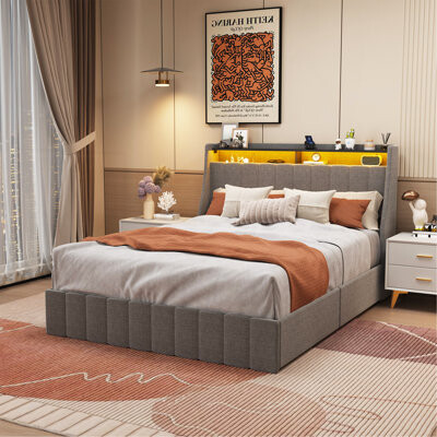 Latitude Run Queen Size Bed Frame With LED 4 Under-Bed Portable Storage Drawers Wings Headboard Design Light Grey
