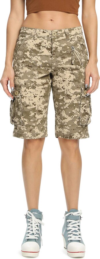 Aeslech Womens Camo Military Cargo Shorts with 6 Pockets Casual Work Outdoor Summer Wear