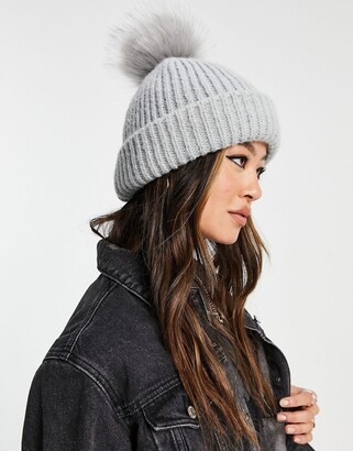 Topshop knitted fur pom pom beanie in grey - LGREY - ShopStyle Hats