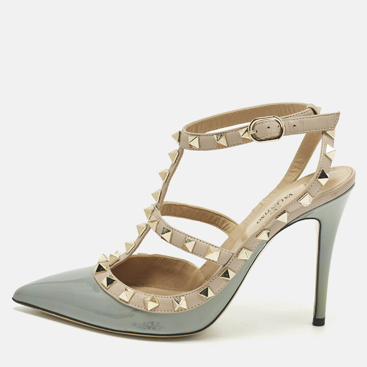 Valentino Rockstud Size 36 Beige/Light Blue Leather and Patent Leather Pumps