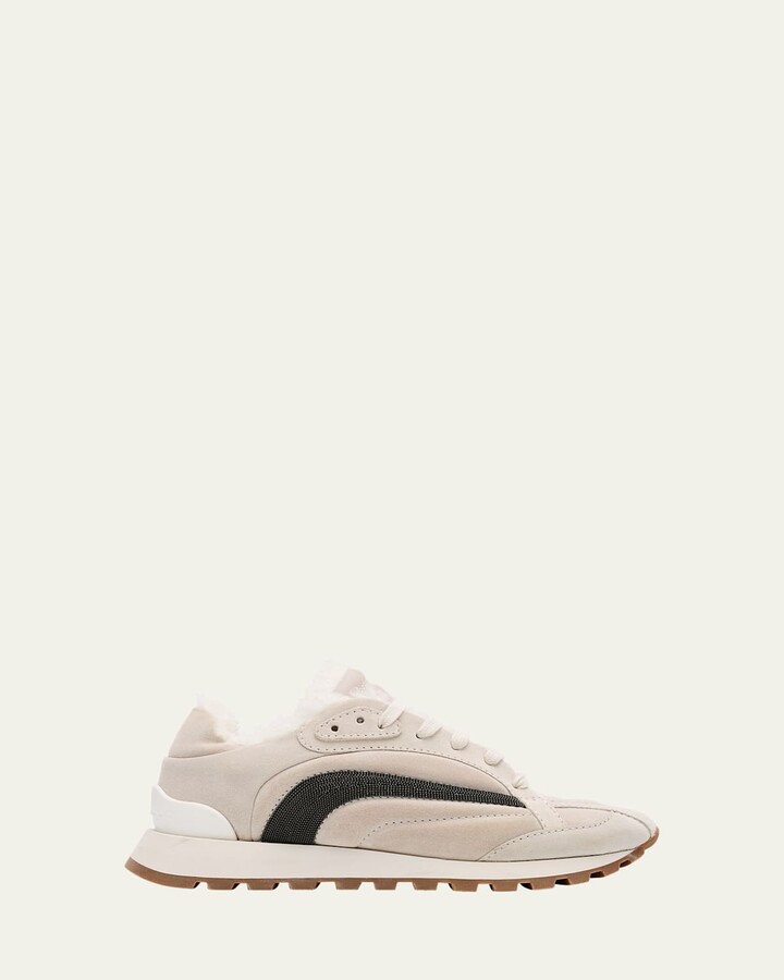 Brunello Cucinelli Suede Lace Up Sneaker With Shearling Lining