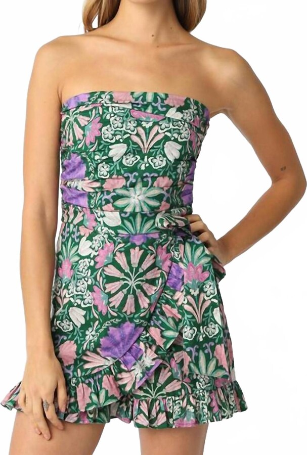 Olivaceous Strapless Print Romper In Green Multi