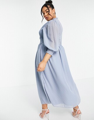 ASOS Curve DESIGN Curve midi smock dress with shirred cuffs in texture in  blue - ShopStyle