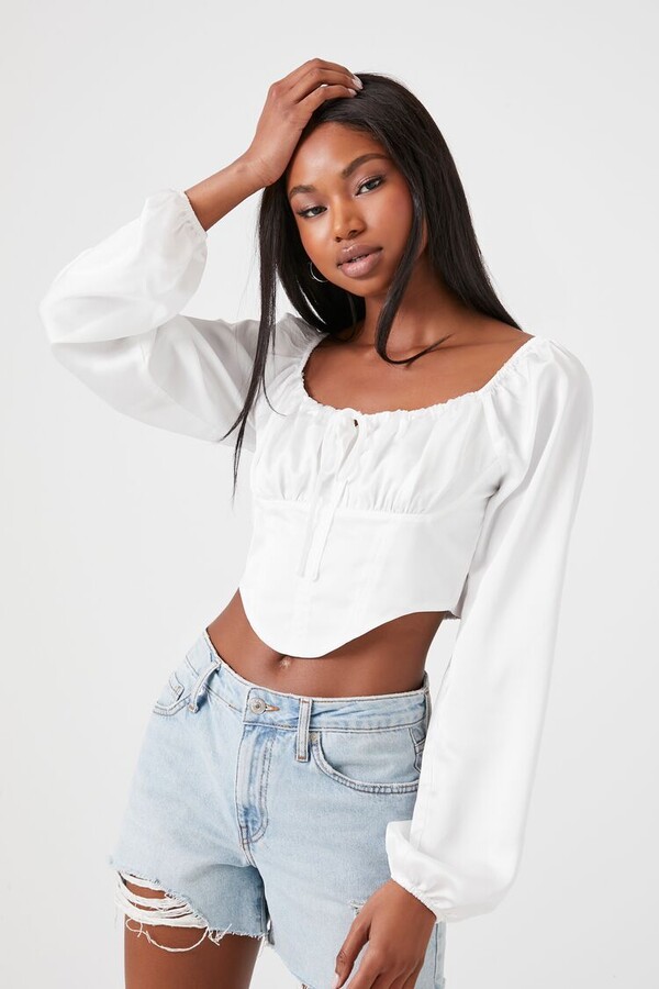 Ribbed Knit Hook-and-Eye Puff-Sleeve Peasant Top Off White / S
